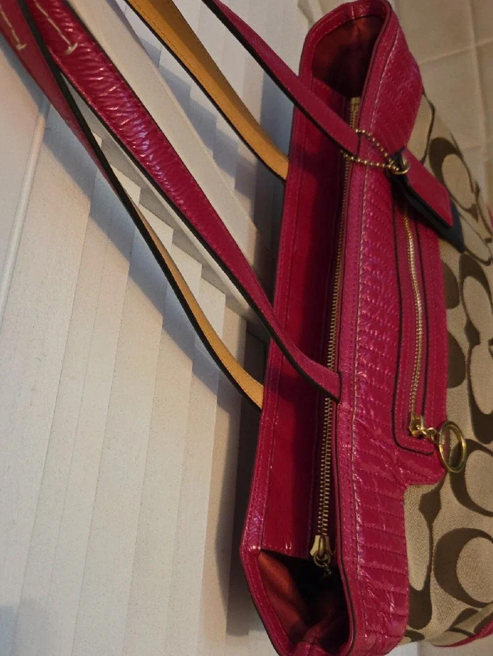 Coach Signature Canvas Tote with Pink Trim and Gold Hardware